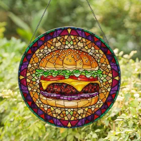 Gourmet Hamburger Stained Glass Tiffany Art Mosaic - Rich Jewel Tones Foodie Gift Stained Glass Suncatcher