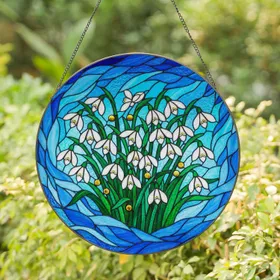 Snowdrop Flowers Tiffany Stained Glass Mosaic - Translucent Jewel Tones Blue Green Amber Stained Glass Suncatcher