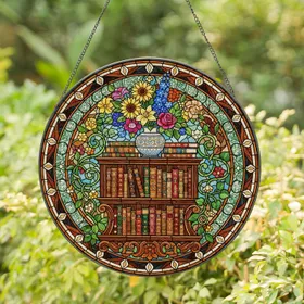 Wooden Bookshelf Antique Books, Vase, Vibrant Flowers, Green Foliage, Tiffany Stained Glass Mosaic Stained Glass Suncatcher