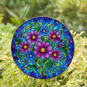 Blooming Flowers Mosaic Stained Glass Art - Dense Bouquet Tiffany Jewel Tone Decor Stained Glass Suncatcher