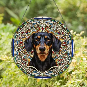 Black Tan Dachshund Dog Stained Glass Art - Tiffany Art Nouveau Curvilinear Scrollwork Stained Glass Suncatcher