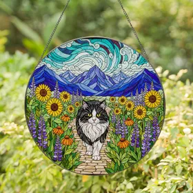 Bi-color Cat Stained Glass Sunflowers Meadow Mountain Tiffany Art - Cat Lover Gift Stained Glass Suncatcher