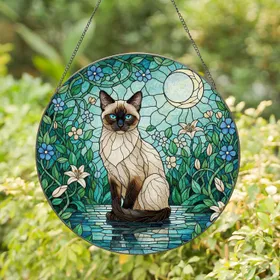 Siamese Cat Blue Eyes Crescent Moon Stained Glass Garden - Tiffany Style Decor Stained Glass Suncatcher