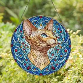 Detailed Sphynx Cat Stained Glass Art, Tiffany Style Design with Piercing Blue Eyes Stained Glass Suncatcher