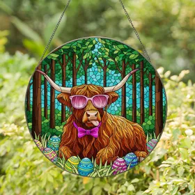 Highland Cow Easter Eggs Forest Mosaic - Tiffany Stained Glass Spring Home Decor Gift Stained Glass Suncatcher