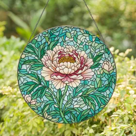 Intricate Stained Glass Peony Flower - Tiffany Style Jewel Tone Mosaic Floral Window Decor Stained Glass Suncatcher