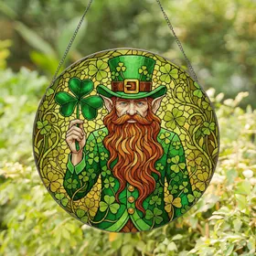 Stained Glass Leprechaun Four-Leaf Clover St. Patrick's Day - Irish Heritage Art Stained Glass Suncatcher