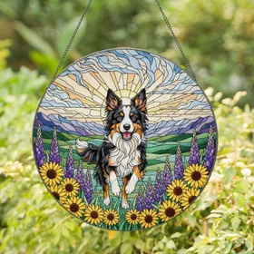 Happy Tri-Color Border Collie Dog Tiffany Style Jewel Tone Stained Glass Sunflowers Hills Stained Glass Suncatcher