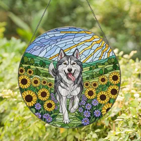 Happy Husky Dog Detailed Stained Glass Sunflowers Wildflowers Rolling Hills Art Stained Glass Suncatcher