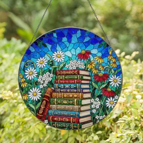Tiffany Glass Antique Books Wildflower Garden Jewel Tones - Mosaic Sky Intricate Pattern Stained Glass Suncatcher