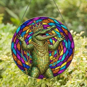 Anthropomorphic Alligator King Golden Crown Stained Glass Mardi Gras Festival Decor Stained Glass Suncatcher