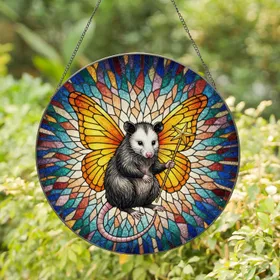 Opossum Butterfly Wings Magic Wand Stained Glass Art - Tiffany Style Mosaic Panel Gift Stained Glass Suncatcher