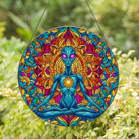 Alien Lotus Figure Glowing Eyes Energetic Orb Mandala Aura Tiffany Glass Mosaic Stained Glass Suncatcher
