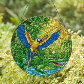 Colorful Macaw Alligator Stained Glass Art - Tropical Jungle Tiffany Sun Window Decor Stained Glass Suncatcher