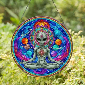 Alien Lotus Meditation Stained Glass Cosmic Mandala Planets & Stars Galaxy Gift Stained Glass Suncatcher