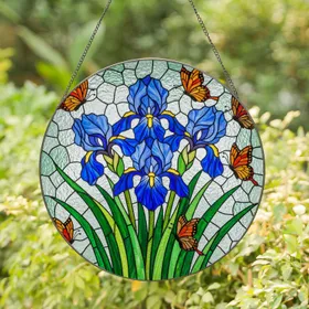 Blue Irises Butterflies Tiffany Glass Mosaic - Floral Stained Glass Window Decor Stained Glass Suncatcher