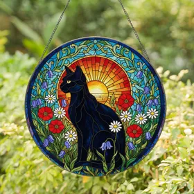 Black Cat Wildflower Poppies Daisy Stained Glass Art - Radiant Sun Moon Tiffany Jewel Tones Stained Glass Suncatcher