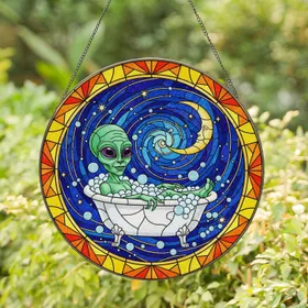 Friendly Alien Bathtub Galaxy Moon Stained Glass - Tiffany Style Cosmic Decor Gift Stained Glass Suncatcher