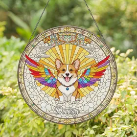 Daisy Corgi Dog Rainbow Wings Stained Glass Sunburst Mosaic Puffy Clouds Floral Border Stained Glass Suncatcher