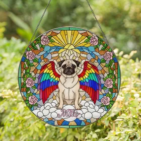 Fawn Pug Angel Wings Stained Glass Art - Rainbow Rose Milo Pet Lover Home Decor Gift Stained Glass Suncatcher