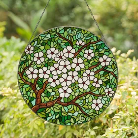 White Apple Blossom Stained Glass Art – Tiffany Jewel Tone Foliage Mosaic Decor Stained Glass Suncatcher