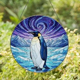 Emperor Penguin Ice Floe Stained Glass - Arctic Nebula Mountains Winter Wildlife Gift Stained Glass Suncatcher