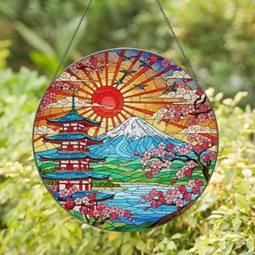 Stained Glass Japanese Pagoda Mount Fuji Cherry Blossom Landscape Intricate Art Stained Glass Suncatcher