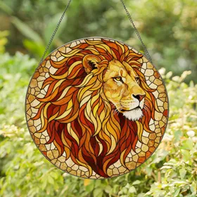 Majestic Lion Head Stained Glass Art - Intricate Flowing Mane Textured Jewel Tones Stained Glass Suncatcher