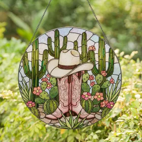 Cowboy Hat Pink Boots Cacti Desert Flowers Stained Glass Mosaic - Western Style Art Stained Glass Suncatcher