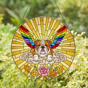 English Bulldog Rainbow Wings Stained Glass Sunbeams - Tiffany Jewel Tone Artwork Stained Glass Suncatcher