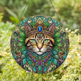 Regal Mystical Cat Face Stained Glass Art with Golden Crown, Tiffany Glass Style Stained Glass Suncatcher