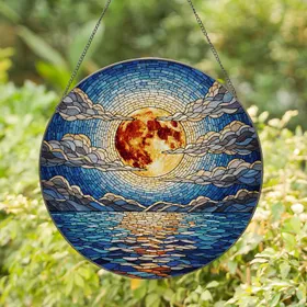 Colossal Full Moon Ocean Twilight Sky - Tiffany Style Celestial Scene Luminary Stained Glass Suncatcher