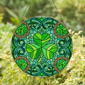 Three-Leaf Shamrock Celtic Knot Emerald Green Glass - St. Patrick's Day Irish Decor Stained Glass Suncatcher