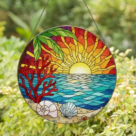 Tiffany Stained Glass Stylized Sunset Ocean Waves Beach Shells Red Coral Palm Art Stained Glass Suncatcher
