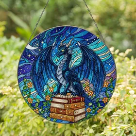 Dark Blue-Black Dragon Glowing Eyes Books - Celestial Night Sky Tiffany Stained Glass Art Stained Glass Suncatcher