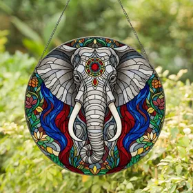 Regal Elephant Head Tiffany Glass Art - Jeweled Bindi, Colorful Floral Edge-to-Edge Stained Glass Suncatcher