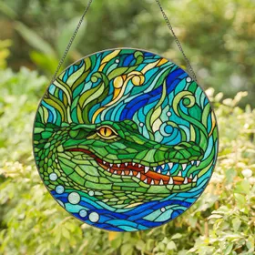 Alligator Head Stained Glass Art with Water Bubbles & Ripples - Tiffany Style Stained Glass Suncatcher