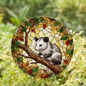 Opossum Animal White Fur Pink Nose - Tree Branch Autumn Leaves Nature Wildlife Gift Stained Glass Suncatcher