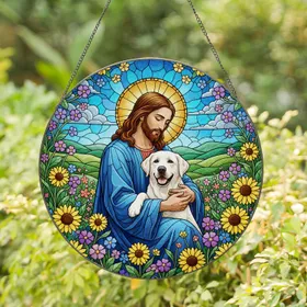 Jesus Christ Embracing Labrador Dog Stained Glass Wildflowers Rolling Hills Intricate Art Stained Glass Suncatcher