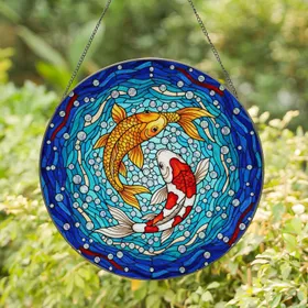 Koi Fish Stained Glass Tiffany Art - Swirling Water Mosaic Bubbles & Crystalline Accents Stained Glass Suncatcher