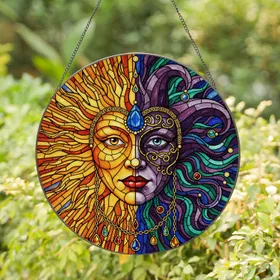 Stained Glass Sunburst Jester Mask Ornate Face Blue Teardrop Jewel Tiffany Art Mosaic Stained Glass Suncatcher