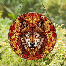 Majestic Wolf Head Stained Glass Golden Eyes - Maple Autumn Leaves Tiffany Mosaic Stained Glass Suncatcher