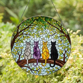 Four Cats Tree Branch Tiffany Stained Glass Colorful Jewel Tones Home Decor Gift Stained Glass Suncatcher
