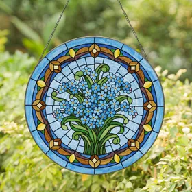 Blue Forget-Me-Not Flowers Tiffany Stained Glass Mosaic Art Translucent Jewel Tones Stained Glass Suncatcher