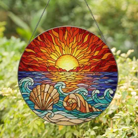 Seashell Sunset Ocean Waves Coastal Beach Stained Glass Tiffany Art Decor Gift Stained Glass Suncatcher