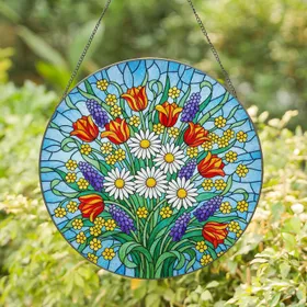 Stained Glass Spring Flower Bouquet Daisy Tulip Hyacinth Mosaic Blue Sky Tiffany Art Stained Glass Suncatcher