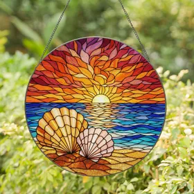 Detailed Scallop Seashells Sandy Beach Ocean Waves - Tiffany Stained Glass Sunset Art Stained Glass Suncatcher