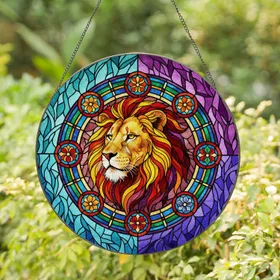 Lion Head Stained Glass Art - Tiffany Style Multi-Color Mane Mosaic Design Stained Glass Suncatcher