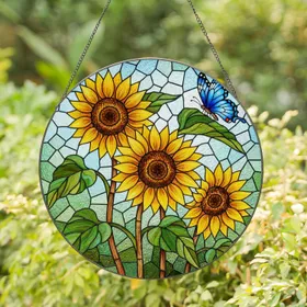 Four Sunflowers Blue Butterfly Stained Glass Mosaic Art - Glowing Translucent Jewel Tones Stained Glass Suncatcher