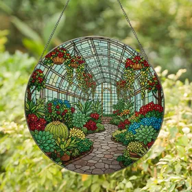 Tiffany Style Stained Glass Greenhouse Succulents Flowering Plants Pathway - Garden Decor Stained Glass Suncatcher